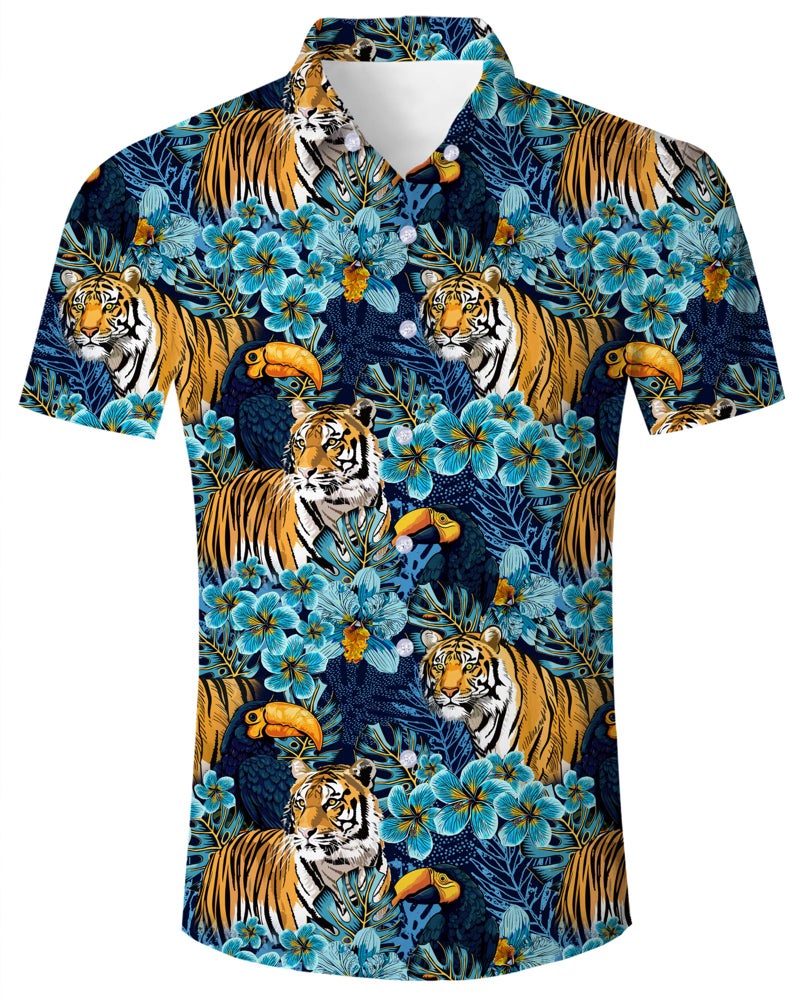 ALISISTER Tiger Shirt for Men Hawaiian Jungle Funny Button Down Short Sleeve Novelty Summer Dress Shirts - Image 1